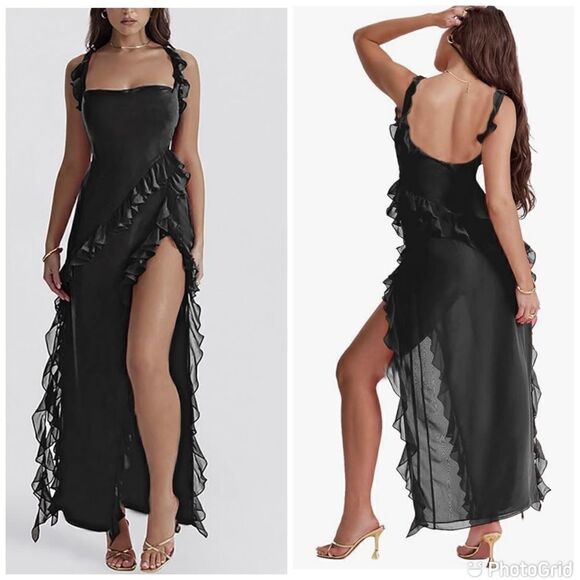 Spaghetti Strap Sleeveless V Neck Backless Ruffle High Split Beach Party Long - Picture 1 of 14